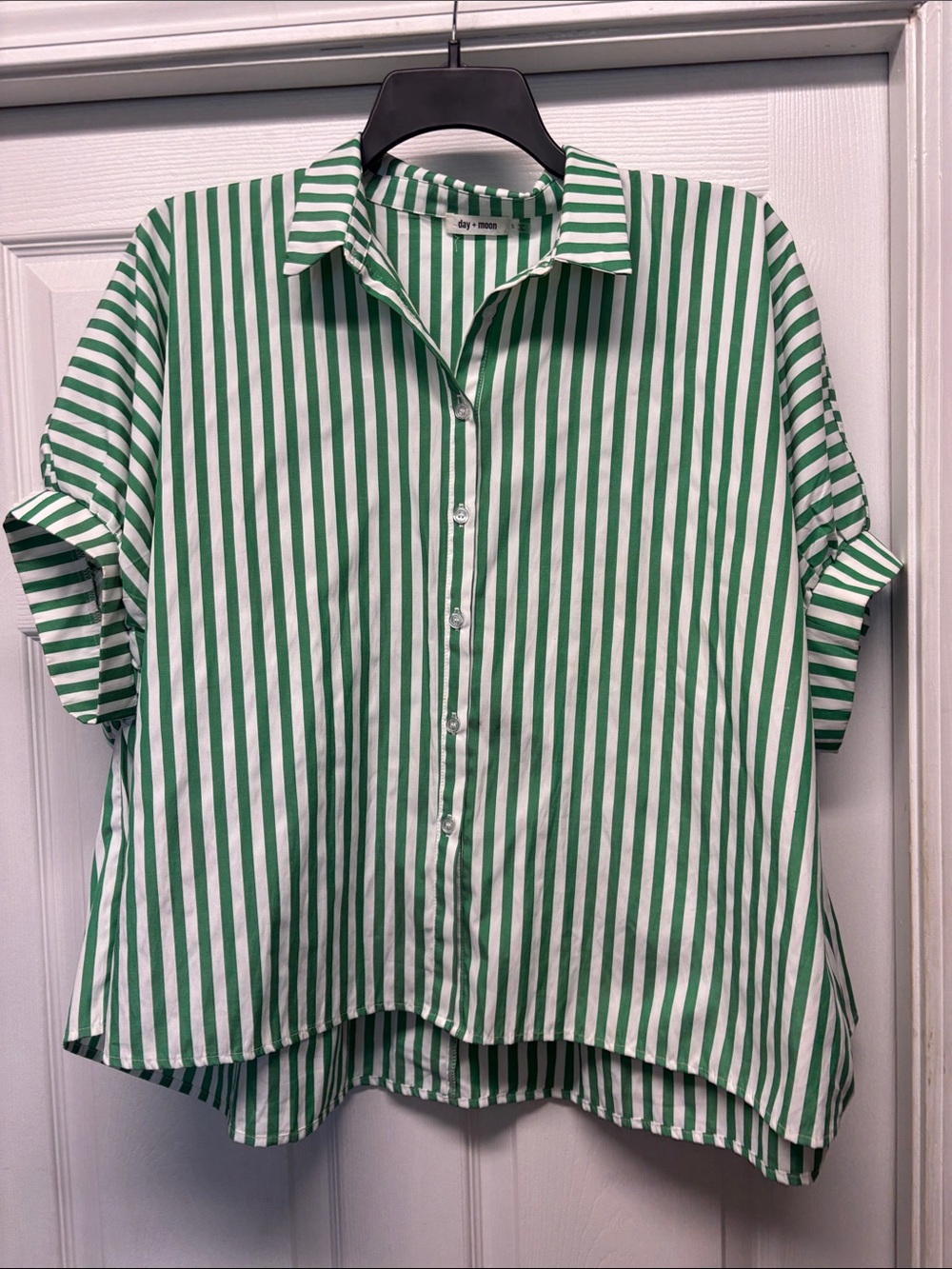 Day + Moon Green & White Stripe Button-Down Shirt Puff Sleeve Oversized Blouse S